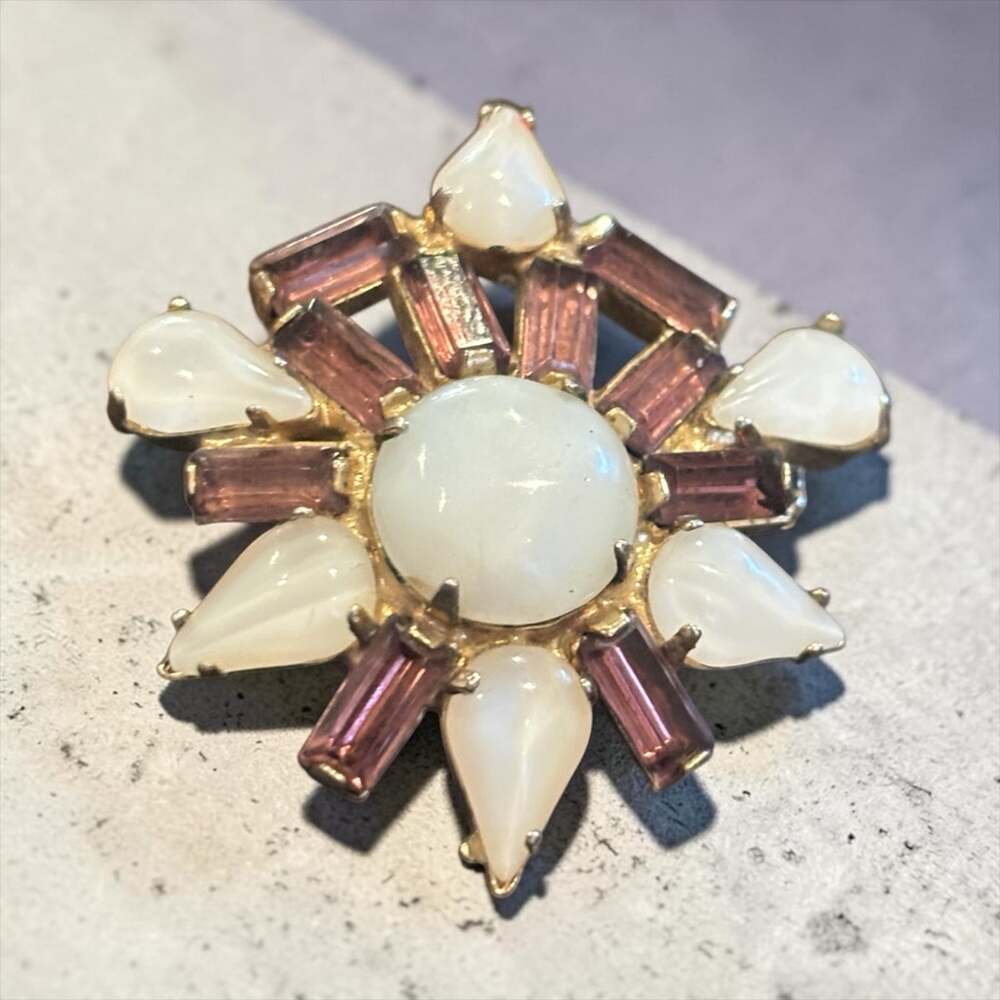 Pink Baguette Starburst Brooch Milky White Cabochons Vintage Romantic Glam